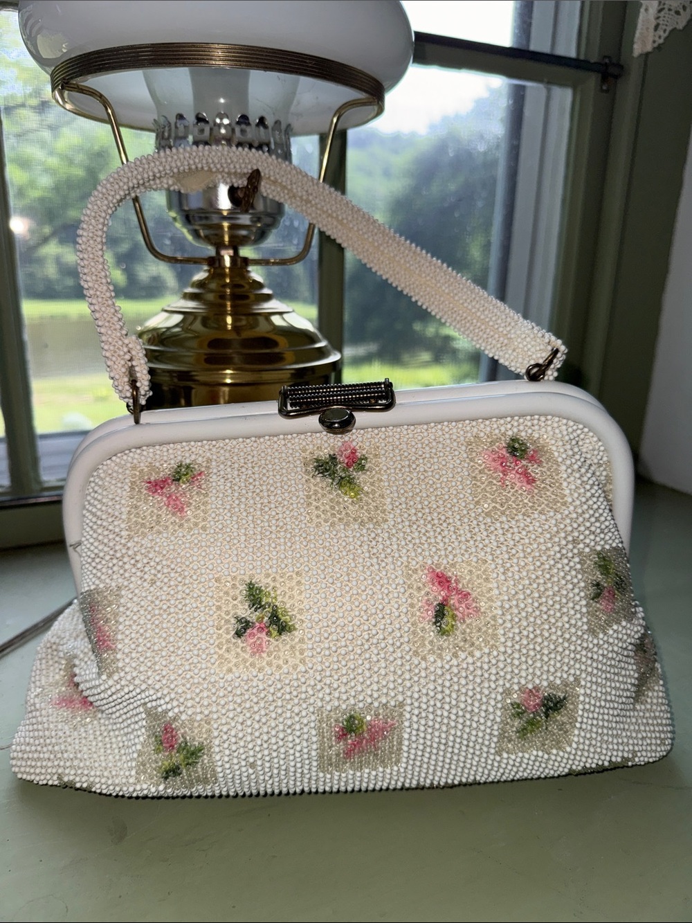 Vintage-Inspired Lumared Reversible White Beaded Handbag with Pink Floral Accent
